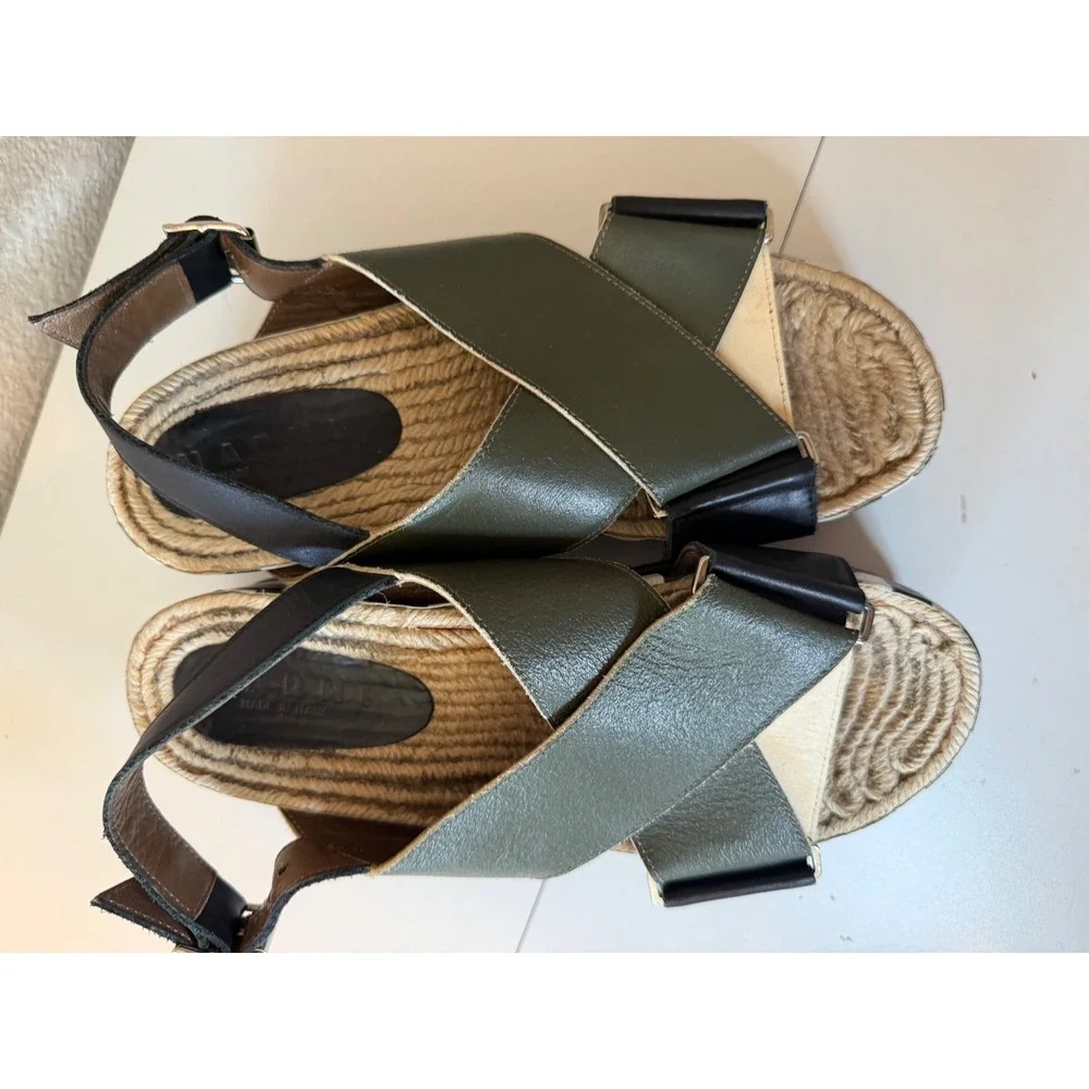 Marni Olive Green Leather Espadrille Platform Slingback Sandals Striped Trim